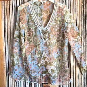 Metro 7 Sheer Paisley V-Neck Blouse in Pastel Blue, Peach & Olive